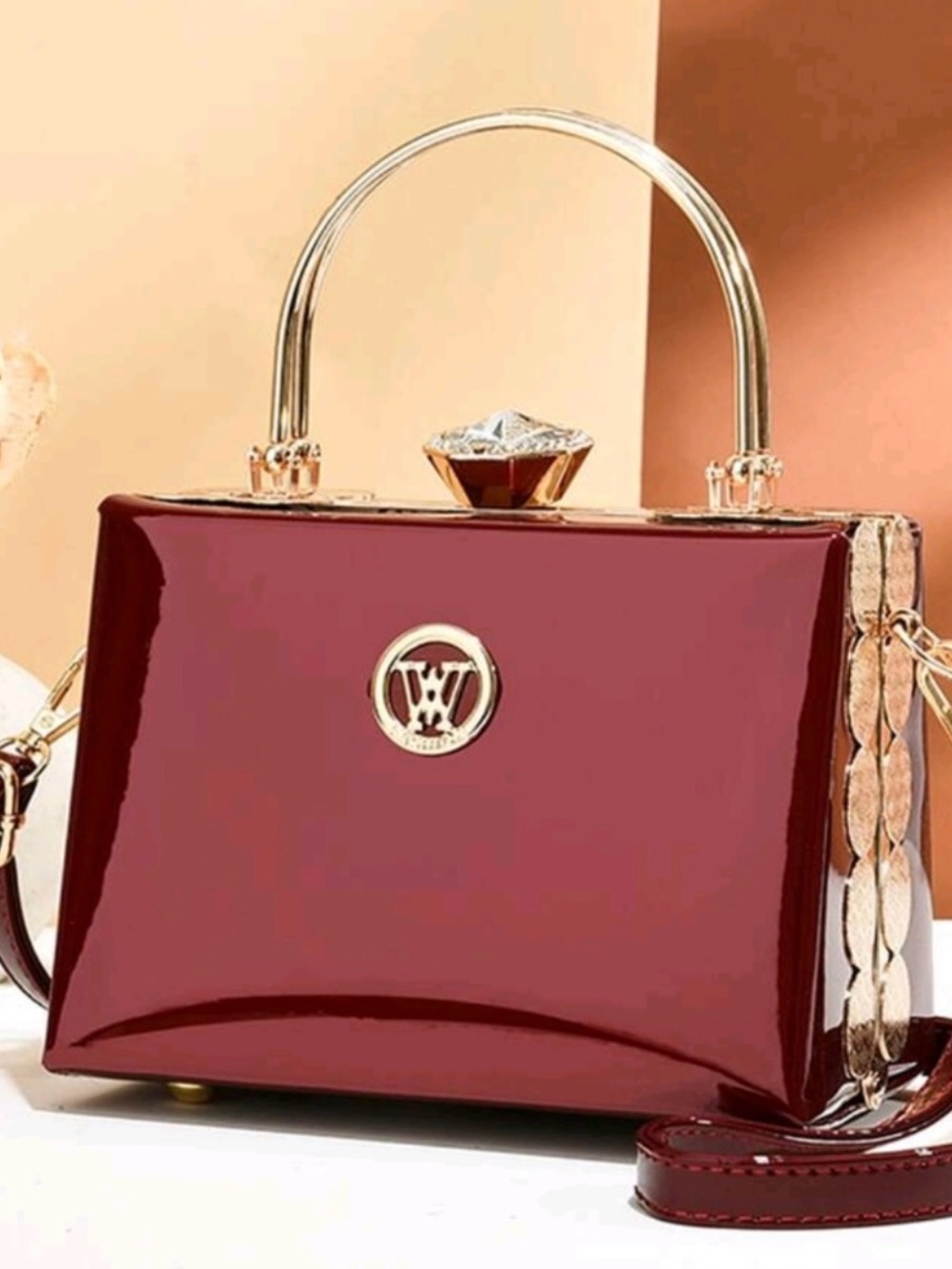 NWOT Elegant Patent Burgundy Top-Handle Women's Bag with Gold Accents
